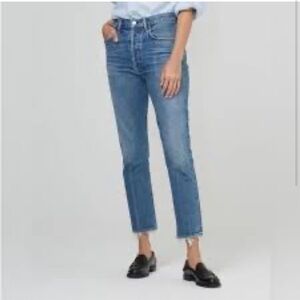 Levi’s Highrise Blue White Oak Jeans Button Fly Slim Straight Leg Raw Hem Cotton